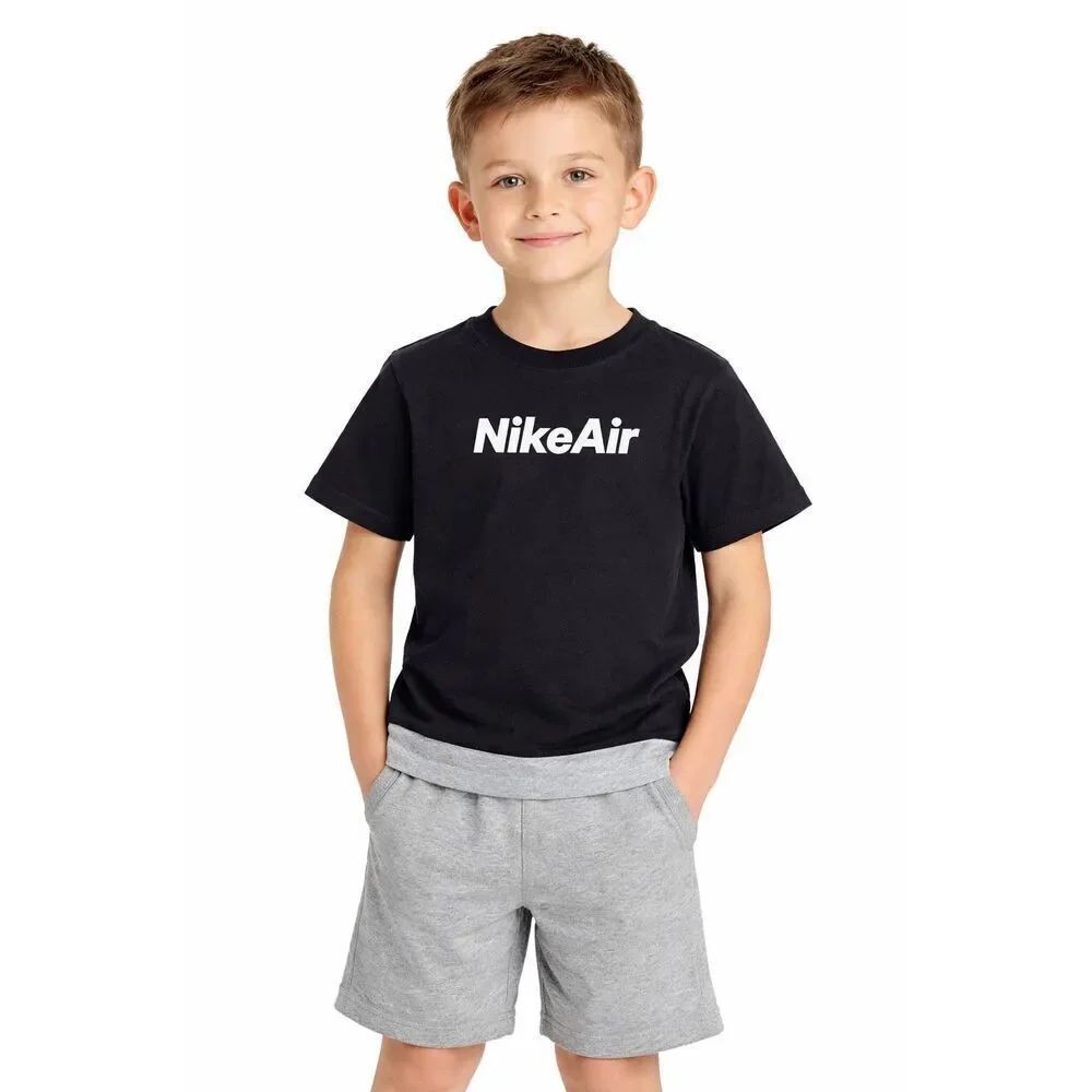Nike Air Boys Black Gray Colorblock Logo T Shirt Small Cotton CQ9146-010